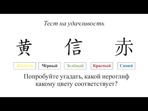 Тест на удачливость Попробуйте угадать, какой иероглиф какому цвету соответствует? Жёлтый Чёрный Красный Зелёный Синий