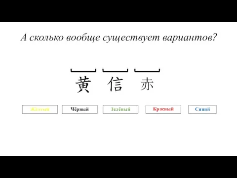 А сколько вообще существует вариантов? Жёлтый Чёрный Красный Зелёный Синий