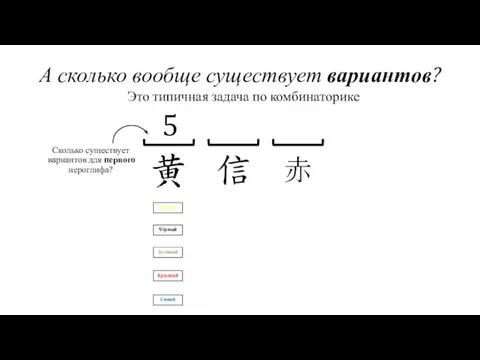 А сколько вообще существует вариантов? Жёлтый Чёрный Красный Зелёный Синий Это типичная