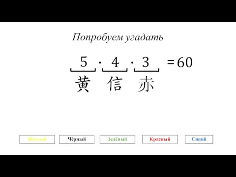 Попробуем угадать 5 4 · 3 · = 60 Жёлтый Чёрный Красный Зелёный Синий