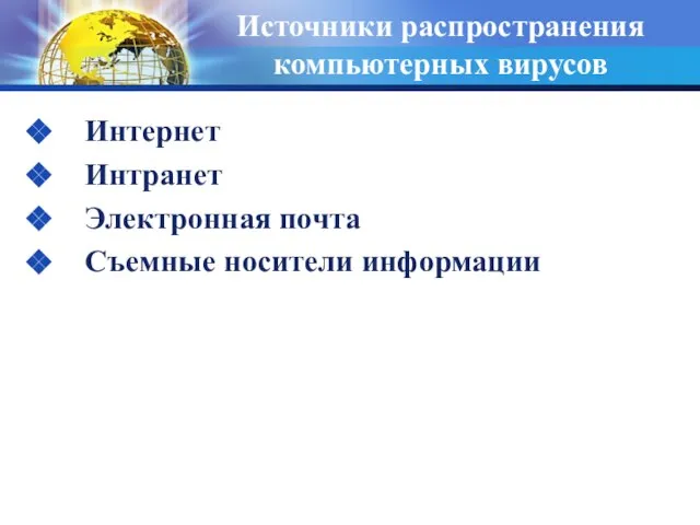 Источники распространения компьютерных вирусов Интернет Интранет Электронная почта Съемные носители информации