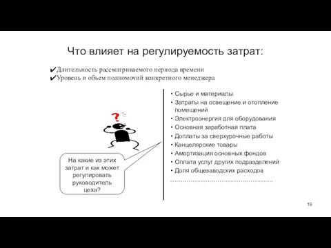 Что влияет на регулируемость затрат: Сырье и материалы Затраты на освещение и