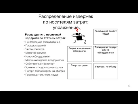 Распределение издержек по носителям затрат: упражнение Распределить носителей издержек по статьям затрат: