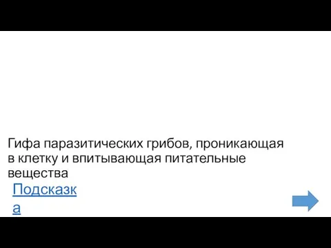 Гифа паразитических грибов, проникающая в клетку и впитывающая питательные вещества Подсказка