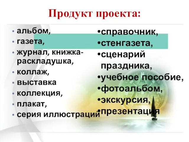 Продукт проекта: альбом, газета, журнал, книжка-раскладушка, коллаж, выставка коллекция, плакат, серия иллюстраций