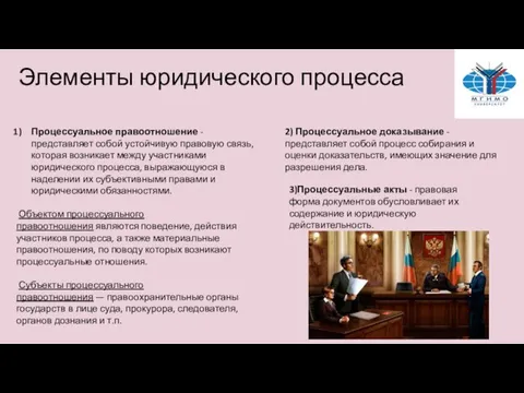 Элементы юридического процесса Процессуальное правоотношение - представляет собой устойчивую правовую связь, которая