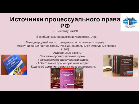 Источники процессуального права РФ Конституция РФ - Всеобщая декларацию прав человека (1948).