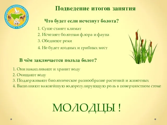 Подведение итогов занятия Что будет если исчезнут болота? 1. Суше станет климат