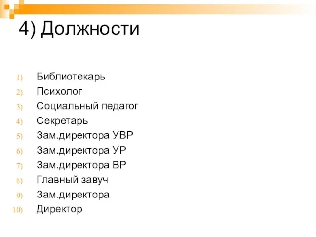 4) Должности Библиотекарь Психолог Социальный педагог Секретарь Зам.директора УВР Зам.директора УР Зам.директора