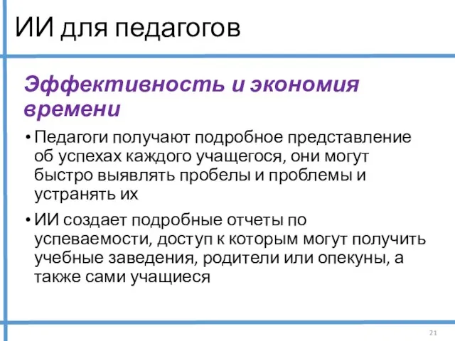 ИИ для педагогов Эффективность и экономия времени Педагоги получают подробное представление об