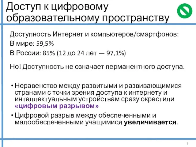 Доступ к цифровому образовательному пространству Доступность Интернет и компьютеров/смартфонов: В мире: 59,5%