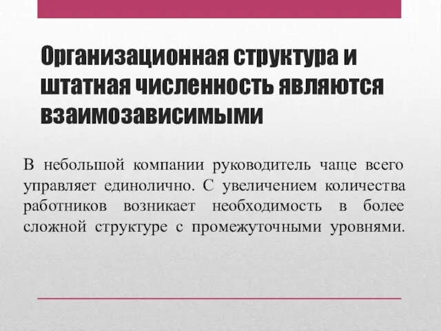 Организационная структура и штатная численность являются взаимозависимыми В небольшой компании руководитель чаще