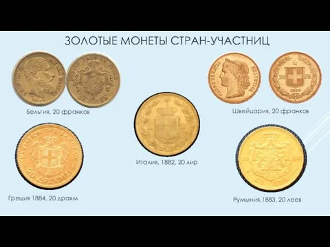 ЗОЛОТЫЕ МОНЕТЫ СТРАН-УЧАСТНИЦ Бельгия, 20 франков Швейцария, 20 франков Греция 1884, 20