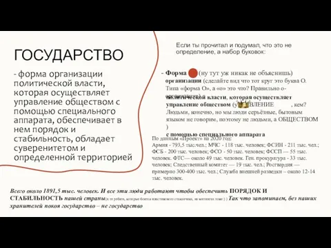 ГОСУДАРСТВО - форма организации политической власти, которая осуществляет управление обществом с помощью