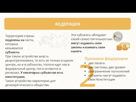 2 ФЕДЕРАЦИЯ Территория страны поделены на части, которые называются субъекты При таком