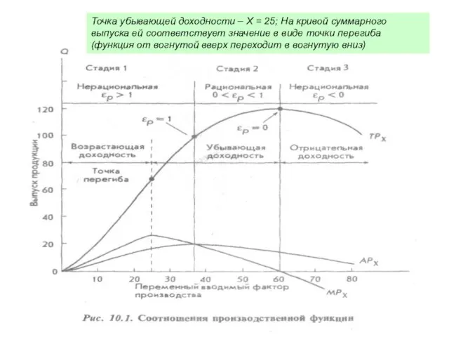 Предельный продукт возрастает в определенном интервале; после определенной точки на кривой начинает