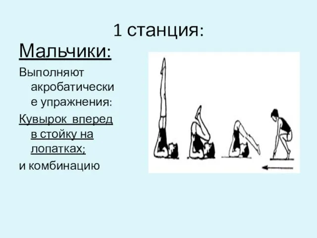 1 станция: Мальчики: Выполняют акробатические упражнения: Кувырок вперед в стойку на лопатках; и комбинацию