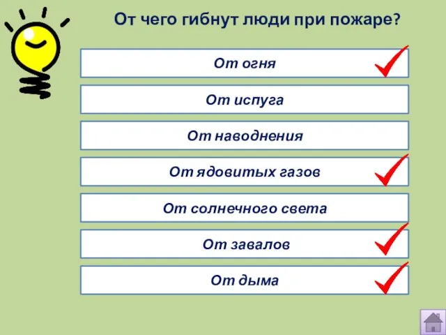 От чего гибнут люди при пожаре? От огня От испуга От дыма