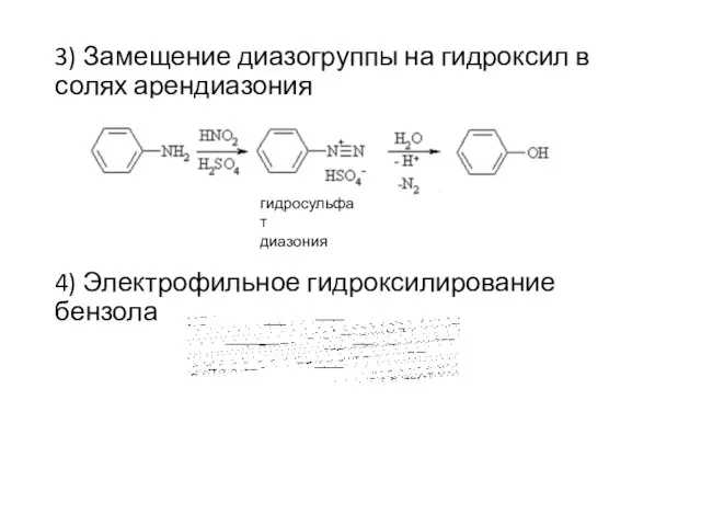 3) Замещение диазогруппы на гидроксил в солях арендиазония 4) Электрофильное гидроксилирование бензола гидросульфат диазония