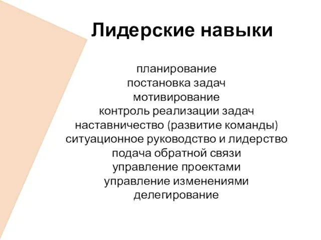 Лидерские навыки планирование постановка задач мотивирование контроль реализации задач наставничество (развитие команды)