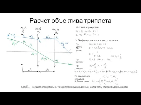 Расчет объектива триплета Условия нормировки 3. По формулам углов и высот находим