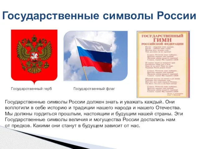 Государственные символы России Государственный герб Государственный флаг Государственные символы России должен знать