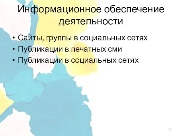 Информационное обеспечение деятельности Сайты, группы в социальных сетях Публикации в печатных сми Публикации в социальных сетях