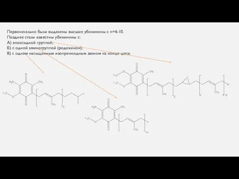 Первоначально были выделены высшие убихиноны с n=6-10. Позднее стали известны убихиноны с:
