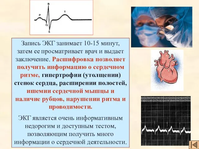 Запись ЭКГ занимает 10-15 минут, затем ее просматривает врач и выдает заключение.