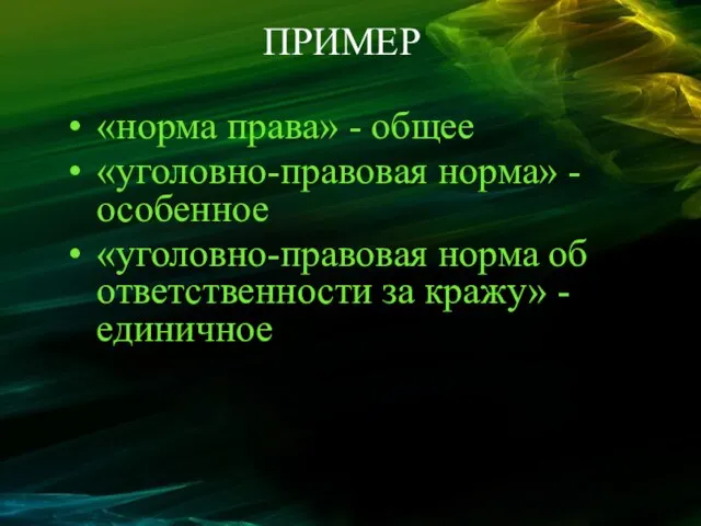 ПРИМЕР «норма права» - общее «уголовно-правовая норма» - особенное «уголовно-правовая норма об