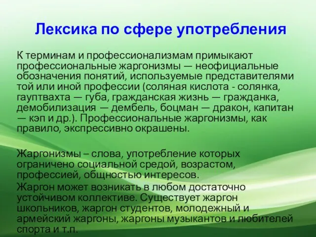 Лексика по сфере употребления К терминам и профессионализмам примыкают профессиональные жаргонизмы —