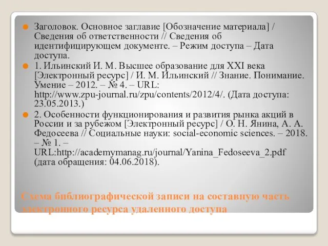 Схема библиографической записи на составную часть электронного ресурса удаленного доступа Заголовок. Основное