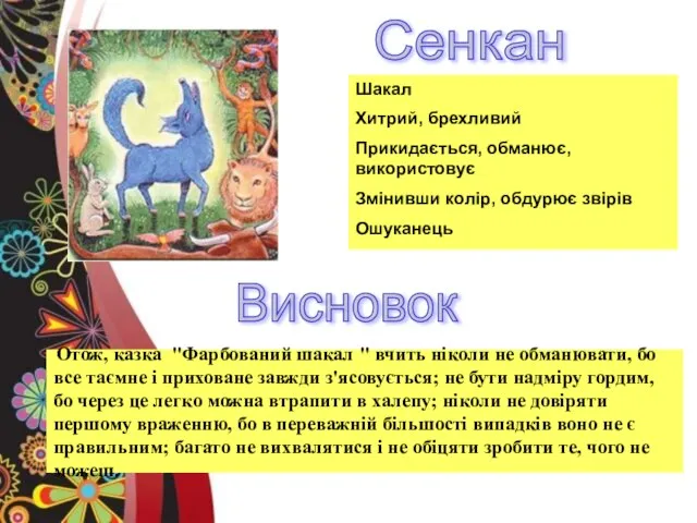 Сенкан Висновок Шакал Хитрий, брехливий Прикидається, обманює, використовує Змінивши колір, обдурює звірів