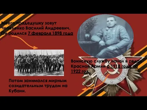 Моего прадедушку зовут Чепеленко Василий Андреевич. Он родился 7 февраля 1898 года