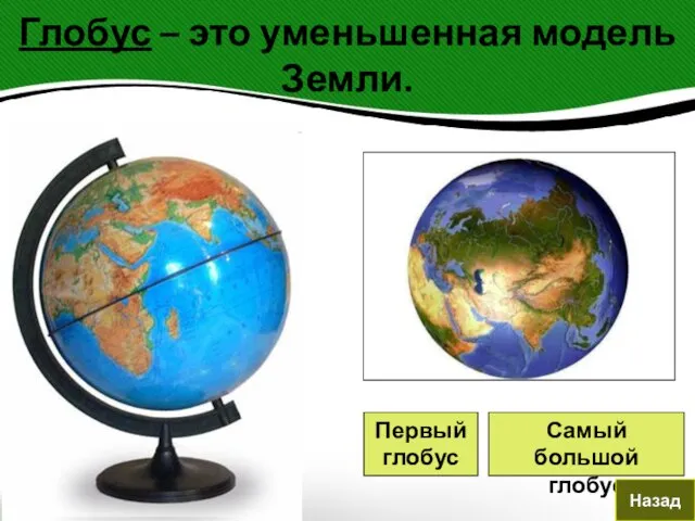 Глобус – это уменьшенная модель Земли. Первый глобус Самый большой глобус Назад