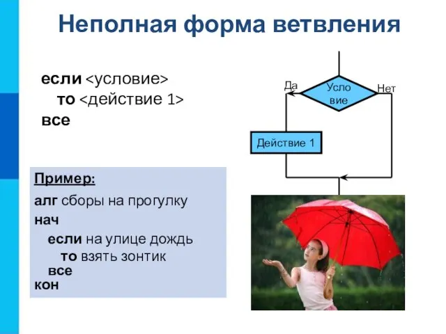 Неполная форма ветвления если то все Пример: алг сборы на прогулку нач