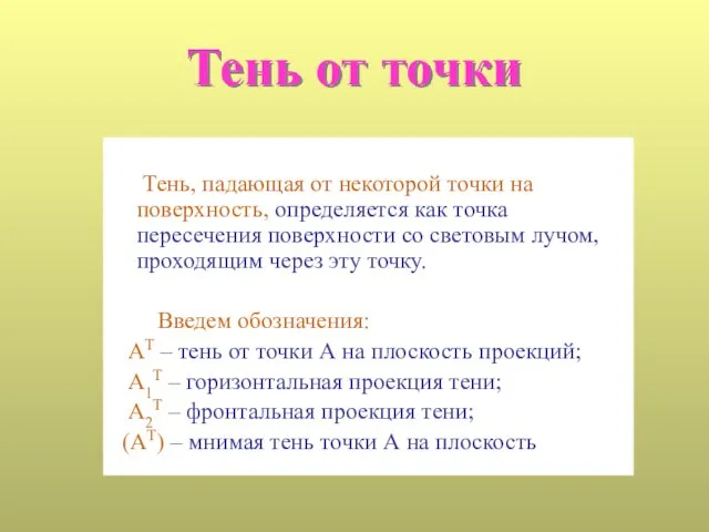 Тень от точки Тень, падающая от некоторой точки на поверхность, определяется как