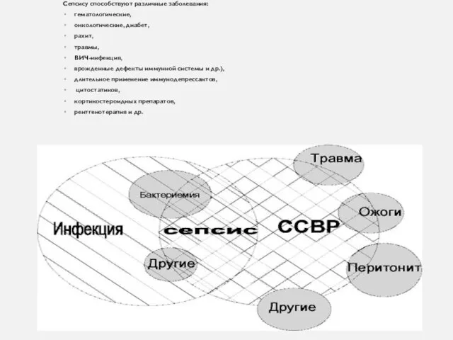 Сепсису способствуют различные заболевания: гематологические, онкологические, диабет, рахит, травмы, ВИЧ-инфекция, врожденные дефекты