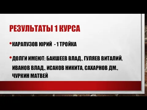 РЕЗУЛЬТАТЫ 1 КУРСА КАРАПУЗОВ ЮРИЙ - 1 ТРОЙКА ДОЛГИ ИМЕЮТ: БАКШЕЕВ ВЛАД.,