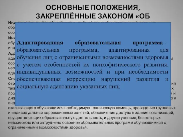 ОСНОВНЫЕ ПОЛОЖЕНИЯ, ЗАКРЕПЛЁННЫЕ ЗАКОНОМ «ОБ ОБРАЗОВАНИИ» РФ Индивидуальный учебный план - учебный