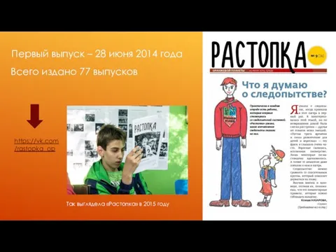 Первый выпуск – 28 июня 2014 года Всего издано 77 выпусков https://vk.com/rastopka_op