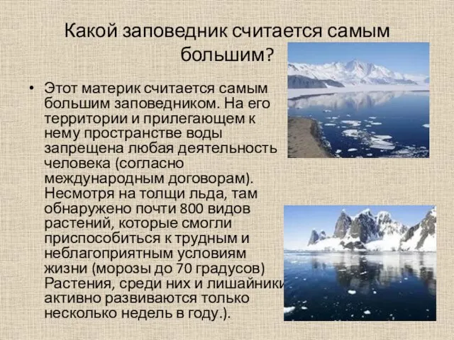 Какой заповедник считается самым большим? Этот материк считается самым большим заповедником. На