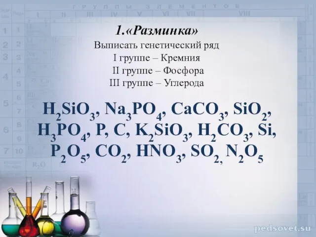 1.«Разминка» Выписать генетический ряд I группе – Кремния II группе – Фосфора