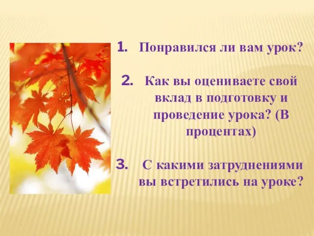 Понравился ли вам урок? Как вы оцениваете свой вклад в подготовку и