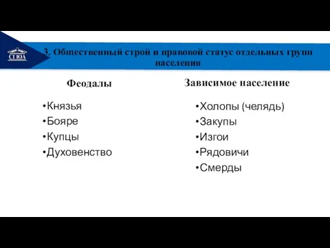 РЕМОНТ 3. Общественный строй и правовой статус отдельных групп населения Феодалы Князья