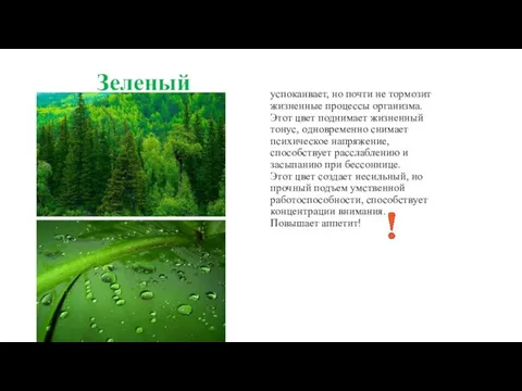 Зеленый успокаивает, но почти не тормозит жизненные процессы организма. Этот цвет поднимает