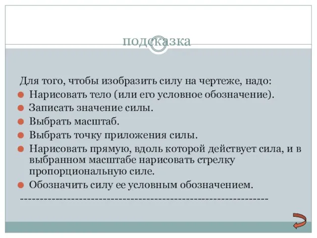 подсказка Для того, чтобы изобразить силу на чертеже, надо: Нарисовать тело (или