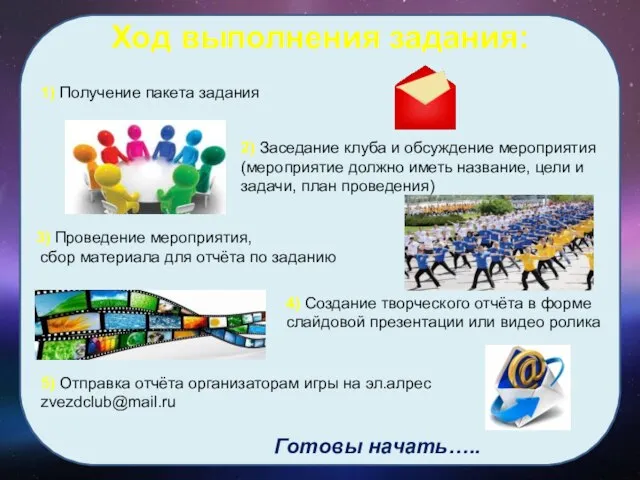 Ход выполнения задания: 1) Получение пакета задания 2) Заседание клуба и обсуждение