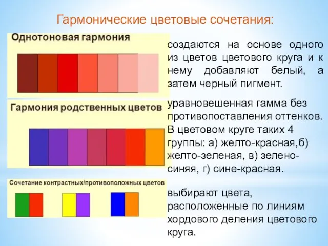 Гармонические цветовые сочетания: создаются на основе одного из цветов цветового круга и