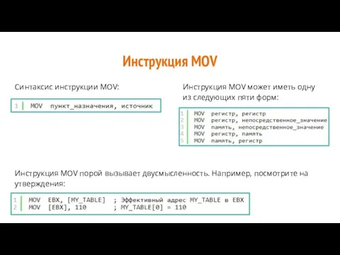Инструкция MOV Синтаксис инструкции MOV: Инструкция MOV может иметь одну из следующих